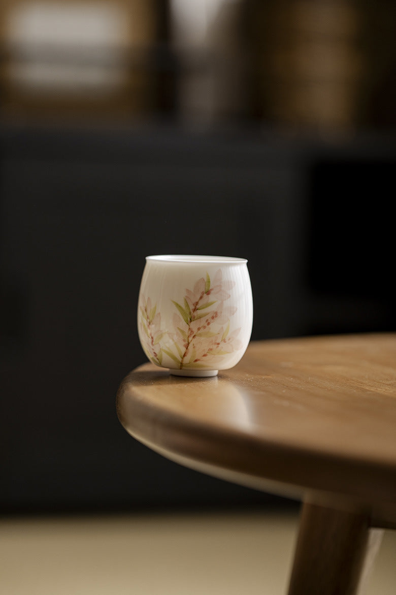 White Porcelain Cup in Three styles with Delicate Pink Wisteria Design for Tea Tasting