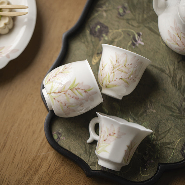 White Porcelain Cup in Three styles with Delicate Pink Wisteria Design for Tea Tasting