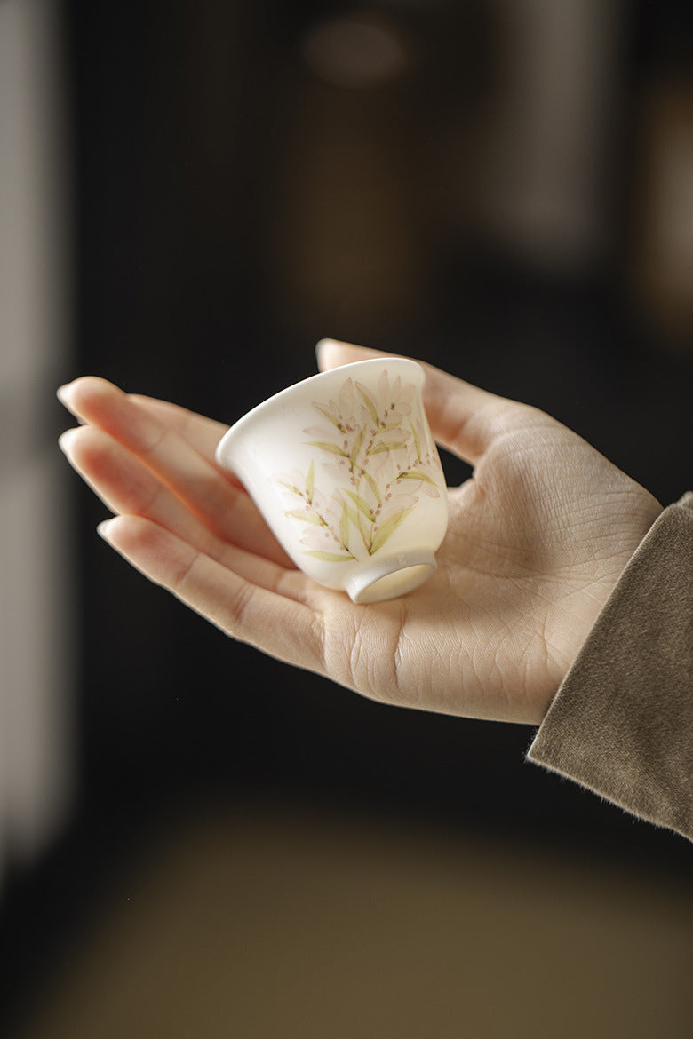 White Porcelain Cup in Three styles with Delicate Pink Wisteria Design for Tea Tasting