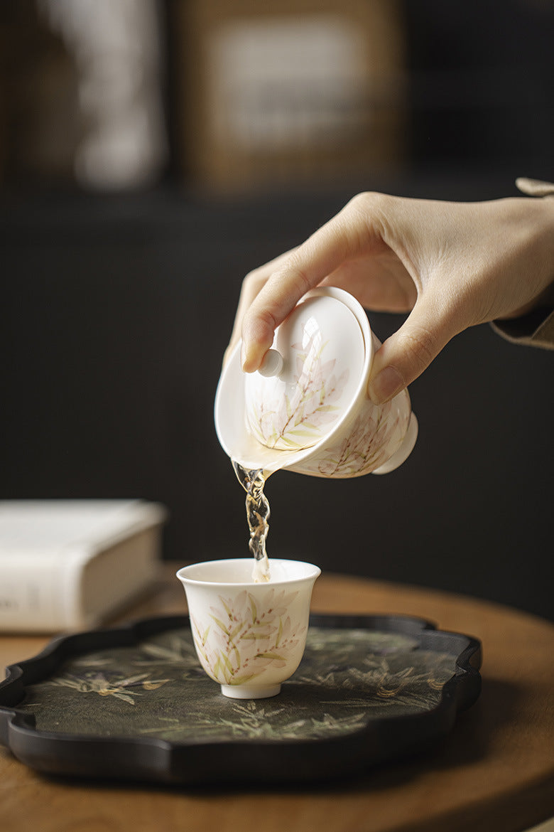White Porcelain Cup in Three styles with Delicate Pink Wisteria Design for Tea Tasting