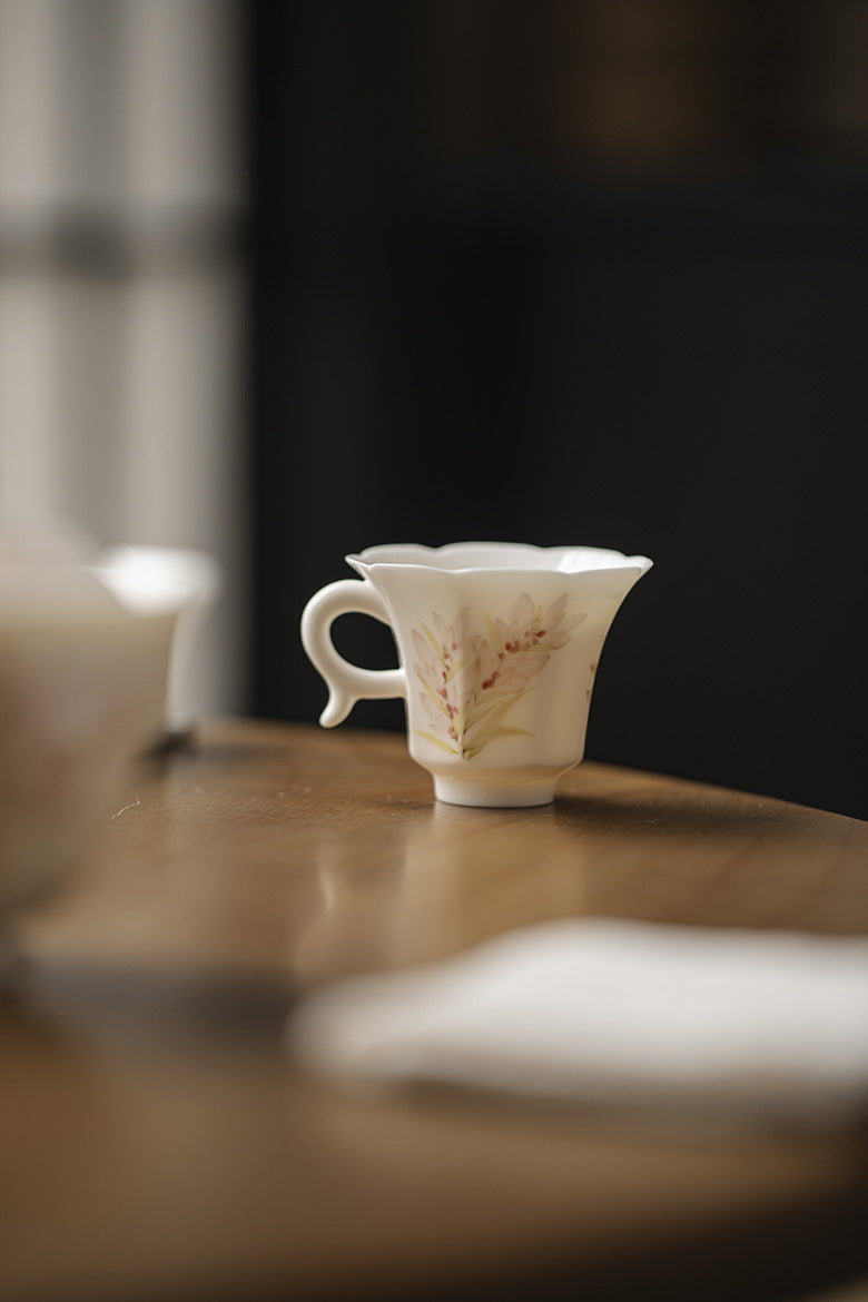 White Porcelain Cup in Three styles with Delicate Pink Wisteria Design for Tea Tasting