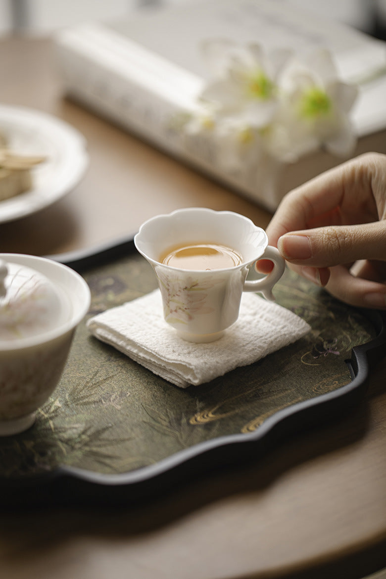 White Porcelain Cup in Three styles with Delicate Pink Wisteria Design for Tea Tasting
