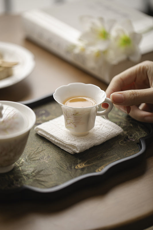 White Porcelain Cup in Three styles with Delicate Pink Wisteria Design for Tea Tasting
